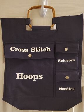 Source Unknown Navy Cross Stitch Organizer Bag with Wooden Handles